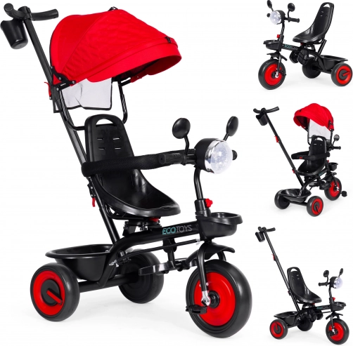 Trotinetă trike 3‑în‑1 pentru copii cu scaun rotativ și copertină, roșie, ECOTOYS