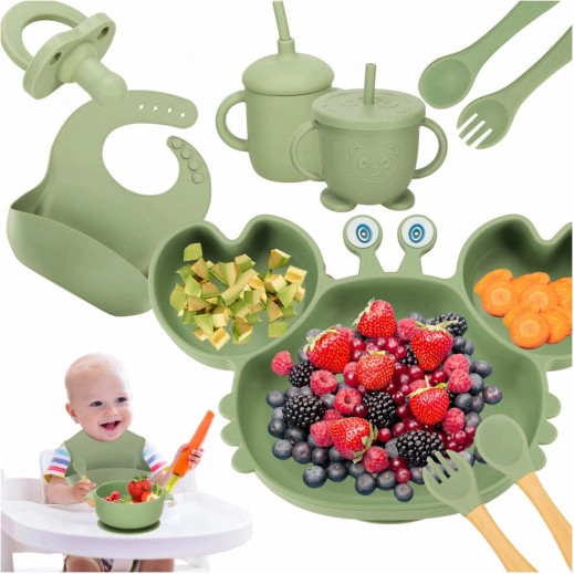 Veselă din silicon pentru copii Crab - verde, 19 piese