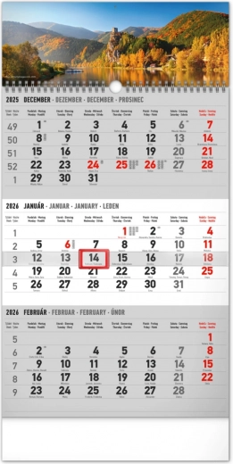 Notique calendar de perete trimestrial Peisaj, nume slovace 2026, 29,5 × 43 cm, gri
