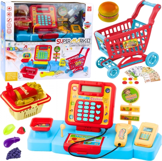 Set de joacă pentru copii: casă de marcat, coș și alimente cu efecte