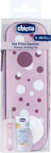 Chicco set periuță de dinți și pastă în etui Always smiling lilac 6m+