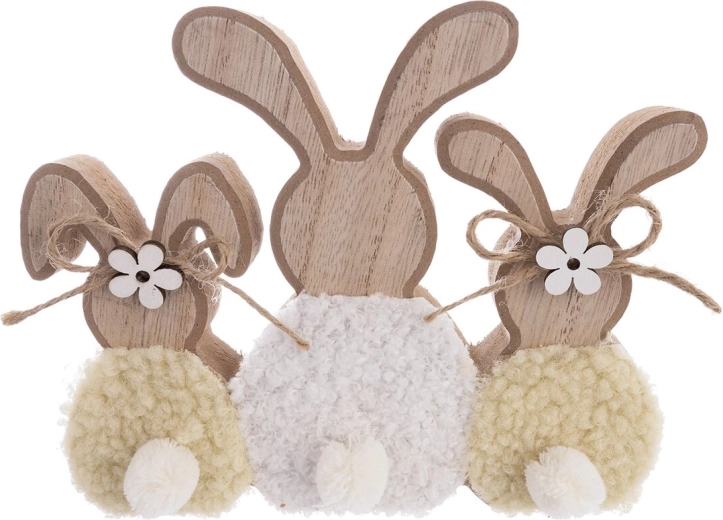 Iepuraș decorativ din lemn și pluș 18 cm galben-alb