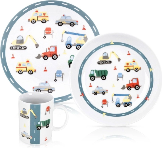 Set de veselă din porțelan pentru copii cu motiv vehicule - 3 buc.