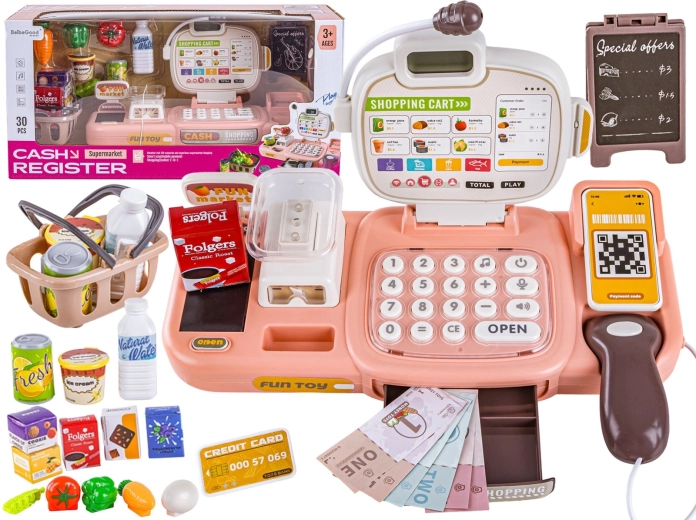 Casă de marcat educativă pentru copii, de jucărie, cu cântar, calculator și cititor de coduri (30 de piese)