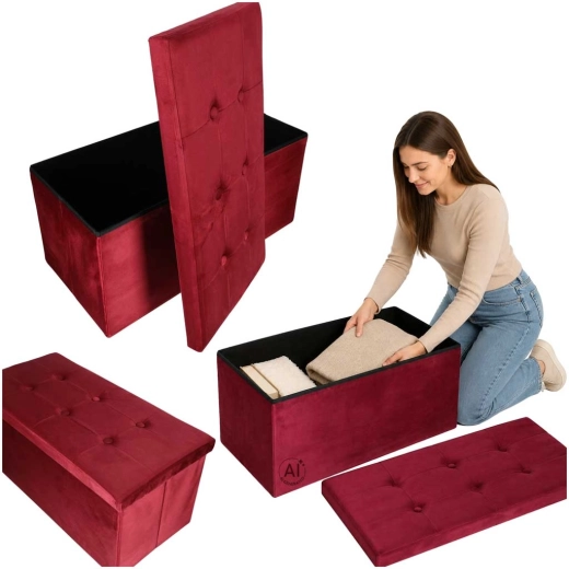 Bancă/pufă pliabilă din velur cu spațiu de depozitare, bordo 77 × 38 × 37 cm - 1 bucată