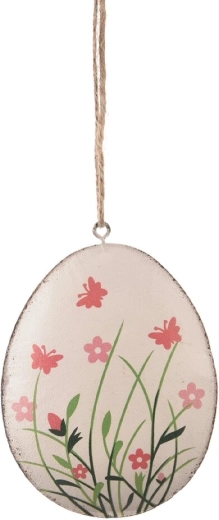 Ou metalic decorativ de Paște pentru agățat, alb, cu motiv floral, 11 cm