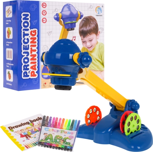 Proiector pentru desen copii 3+ cu sunete și lumini, 4 discuri, 12 carioci și bloc