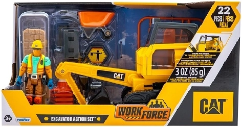 Excavator pe șenile CAT cu figurină și accesorii de construcție