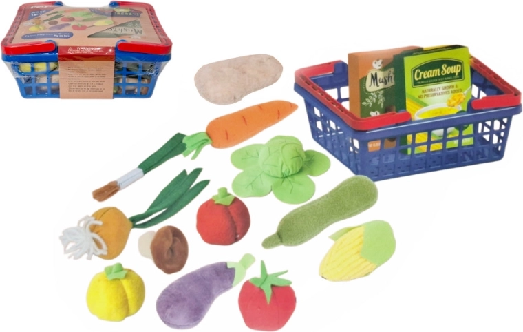Set de bucătărie din pluș cu alimente într-un coș de cumpărături