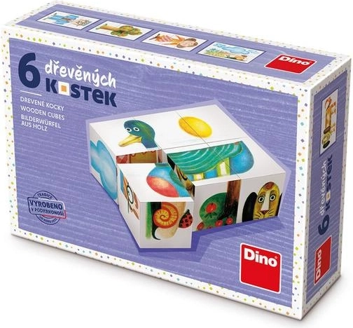 Cuburi ilustrate din lemn pentru copii – rață, câine, copac (6 cuburi)