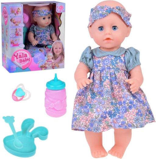 Păpușă bebeluș din cauciuc cu accesorii, bea și face pipi, închide ochii