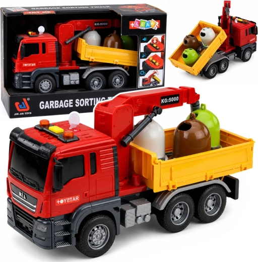 Camion de gunoi pentru copii cu macara, containere pentru sortarea deșeurilor, lumini și sunete - 1 bucată