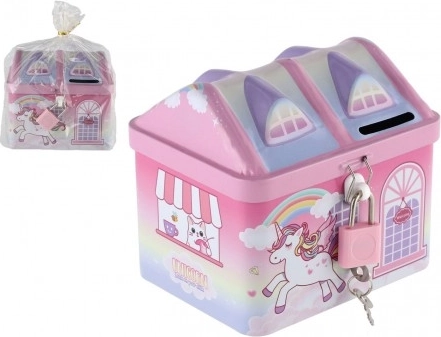 Pușculiță căsuță Unicorn metalică cu lacăt roz