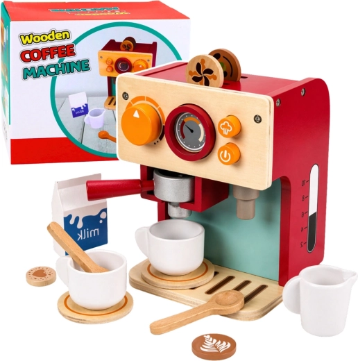 Cafetieră din lemn pentru micii barista, cu cești și accesorii