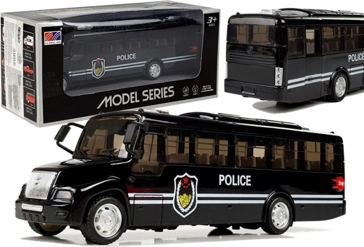 Autobuz de poliție cu lumini și sunete, negru (pull-back)