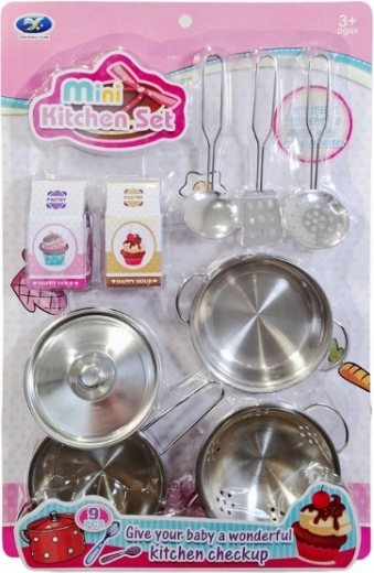 Set de bucătărie pentru copii cu oale și vase metalice, cu accesorii