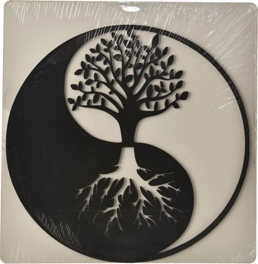 Decorațiune din lemn pentru perete yin-yang, neagră, 35 × 35 cm