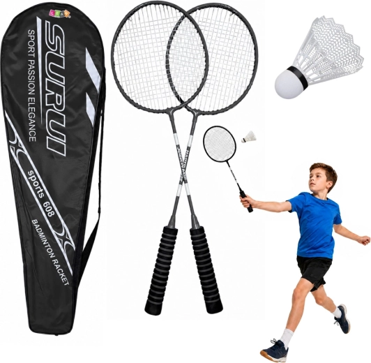 Set de badminton cu 2 rachete, fluturaș și husă – negru