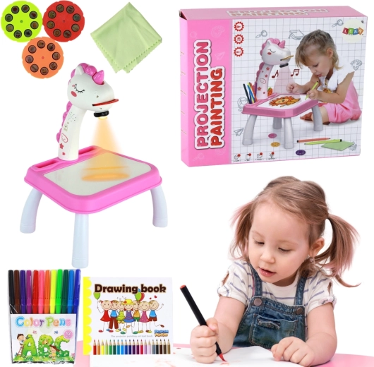 Proiector de desen unicorn – set roz cu markere și discuri