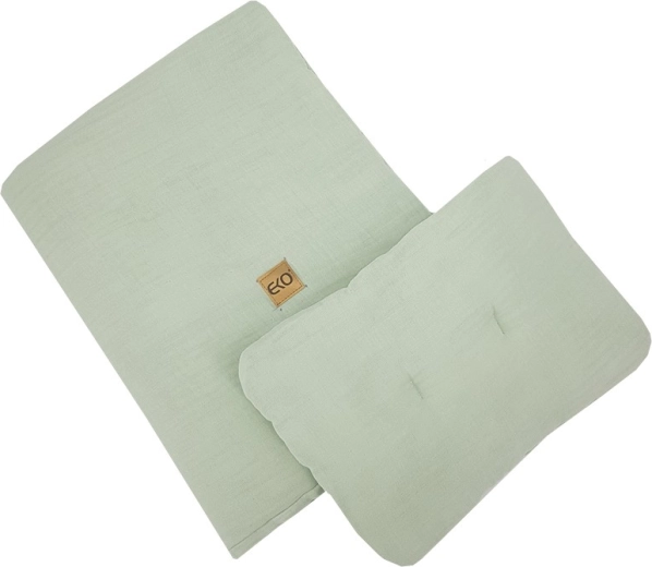Set din muselină pentru pătuț EKO Mint (pernă 30×40 cm, păturică 75×100 cm)