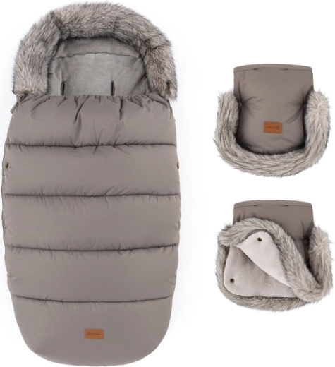 Petite&Mars set de iarnă: sac de iarnă Comfy 4în1 și mănuși pentru cărucior Furry mocha mousse