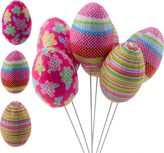 Ouă decorative de Paște pe băț cu buline, flori și dungi, set 6 buc