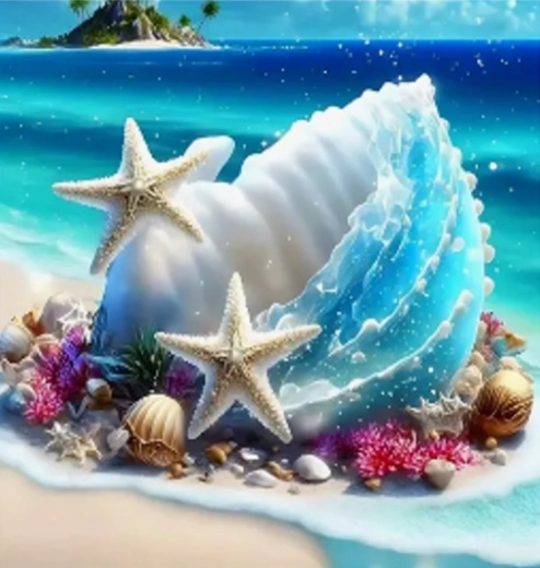 Pictură cu diamante – scoici pe insulă 30 × 40 cm