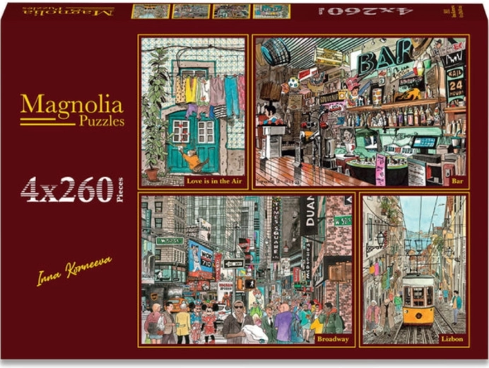 Puzzle Magnolia „Dragoste în aer”, „Bar retro”, „Broadway” și „Străduțele Lisabonei” 4×260 piese