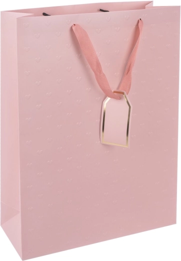 Pungă cadou din hârtie roz, cu inimioare embosate 30,5 × 12 × 42 cm