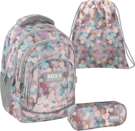 Set școlar BackUP geometric bej 3v1 – rucsac, penar și sac