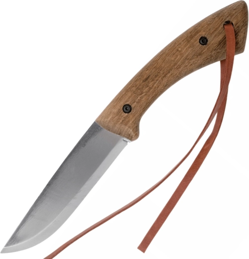 Cuțit bushcraft din oțel carbon cu mâner din nuc impregnat și teacă din piele