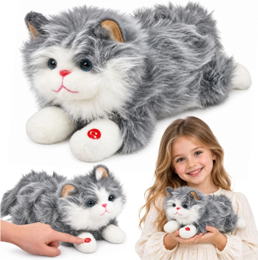 Motan de pluș interactiv cu mieunat, gri-alb, 40 cm