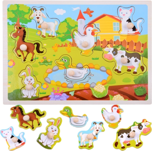 Puzzle din lemn cu piese de încastrat cu animale de la fermă – 7 piese cu mânere