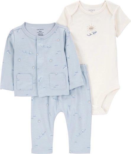 Set Carter’s pentru copii, 3 piese – hanorac, body cu mânecă scurtă și pantaloni sport Blue Airplane (băieți, măr. 56)