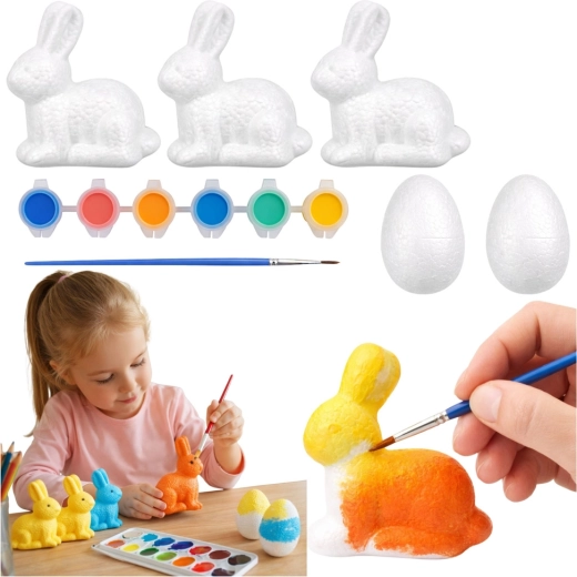 Set pentru pictarea decorațiunilor pascale din polistiren – 3 iepurași și 2 ouă