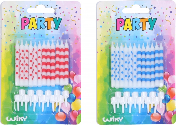 Lumânări de aniversare cu buline și dungi, 12 bucăți + suporturi