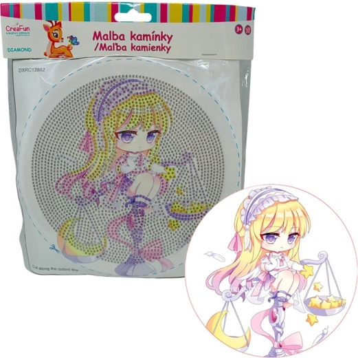 Pictură cu diamante cu ramă – păpușă mov, 20 cm