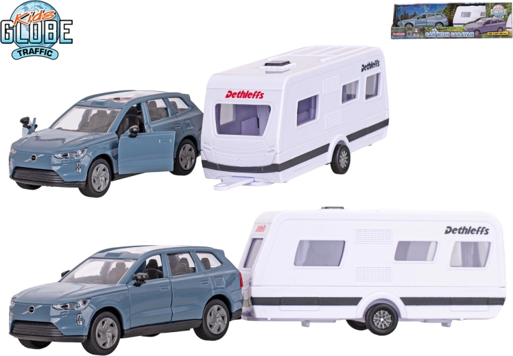 Kids Globe Traffic Volvo EX90 cu rulotă Dethleffs – model metalic cu mecanism pull-back