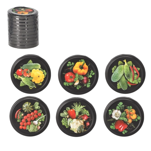 Set de capace negre mate pentru conservare, 82 mm, cu motiv de legume, 10 buc.