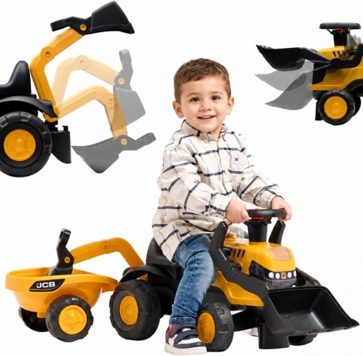 Vehicul de împins pentru copii JCB cu remorcă, lopățică și greblă