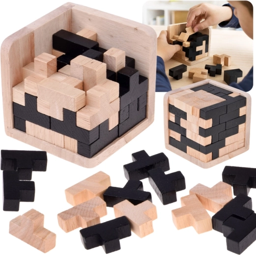 Cub logic 3D din lemn Tetris, negru–natural