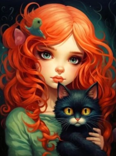 Pictură cu diamante Roșcată cu pisică neagră 30x40cm