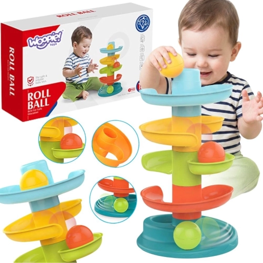 Traseu pentru bile Woopie Baby cu turn spiral și 3 bile