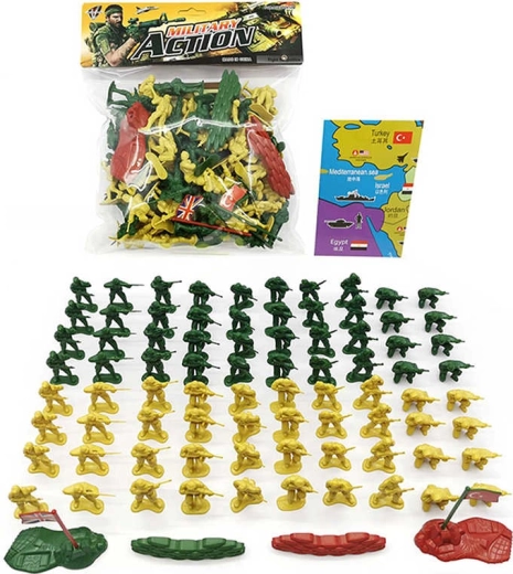Set militar de figurine soldați cu baricade și steaguri (87 piese)
