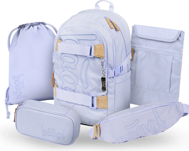 Set Baagl 5 Skate Liliac: rucsac școlar, penar, săculeț, borsetă și husă pentru laptop