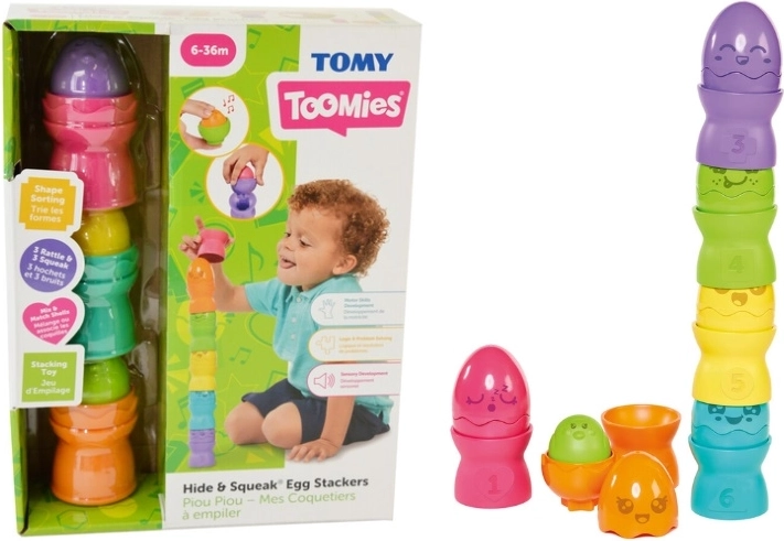TOMY Toomies piramidă de stivuit din ouă Hide & Squeak