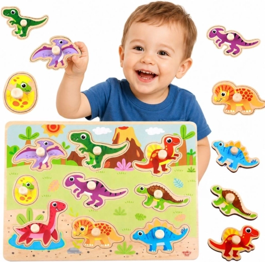 Puzzle Montessori din lemn cu piese de inserat, dinozauri Tooky Toy