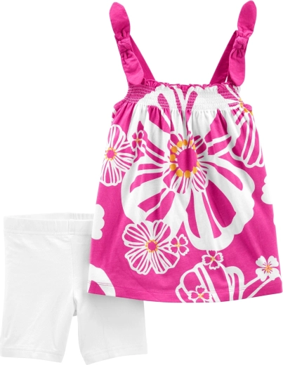 Set de vară pentru fete: tunică și colanți scurți, flori mov