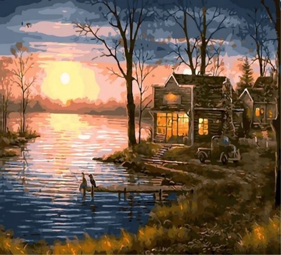 Norimpex Pictură pe numere apus de soare deasupra lacului 40 × 50 cm