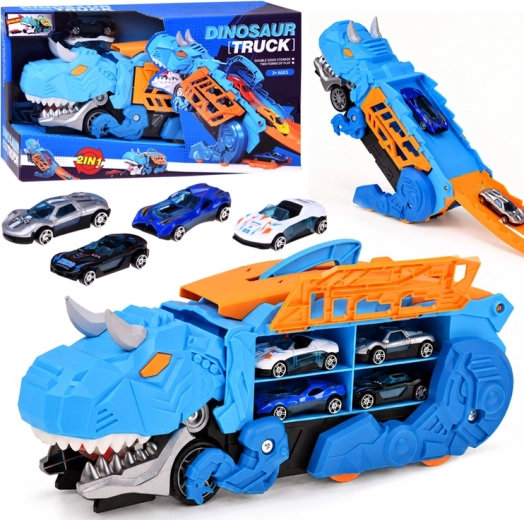 Camion dinozaur 2 în 1 cu garaj și mașinuțe